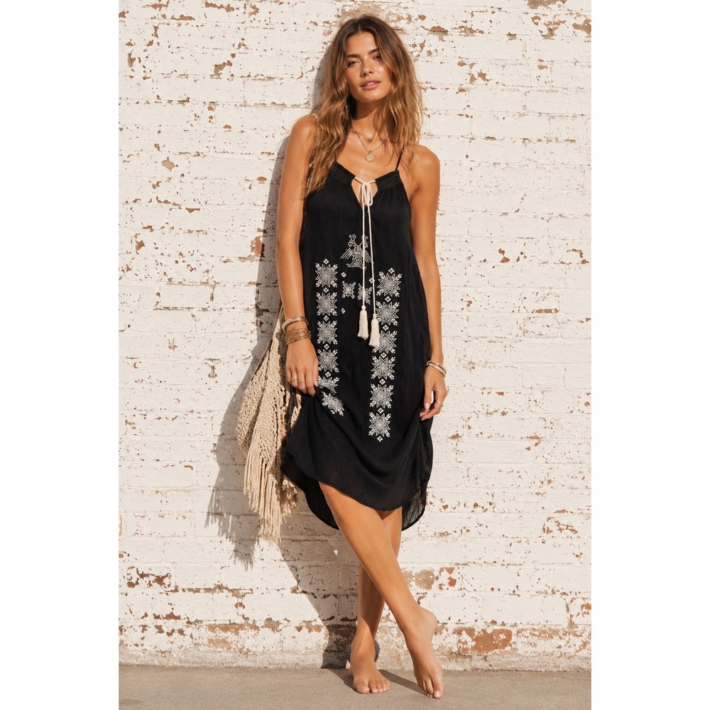 Star Mela Black Cotton Embroidered Tassel Halter Boho Mini Dress Vacation Size M